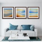 Pastel Blue and Beige Ocean Print Set of 3 Beach wall Art Work