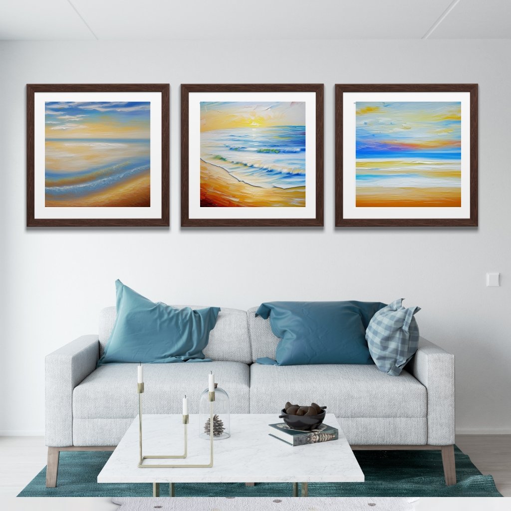 Pastel Blue and Beige Ocean Print Set of 3 Beach wall Art Work