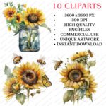 Watercolor Honey Bee Sunflower Clipart
