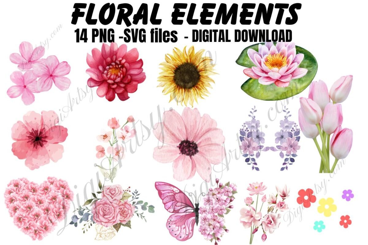 14 FLOURISH Watercolor Floral Elements Clipart
