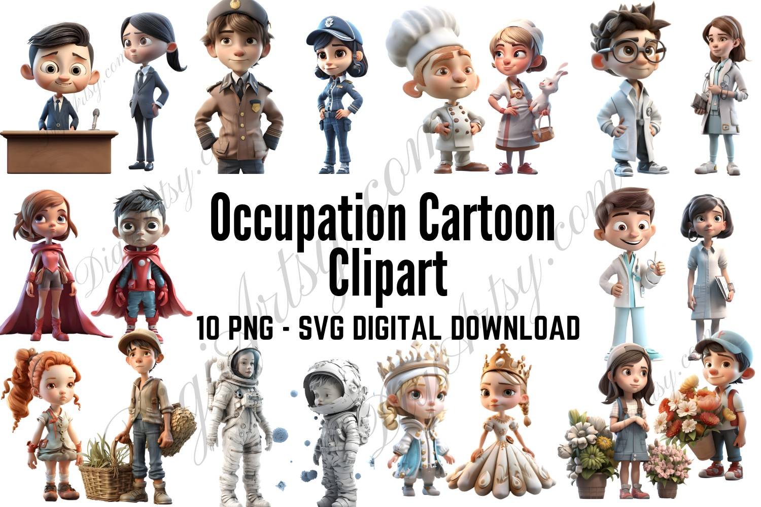 10 Kids Occupations Cartoon Characters Clipart Set