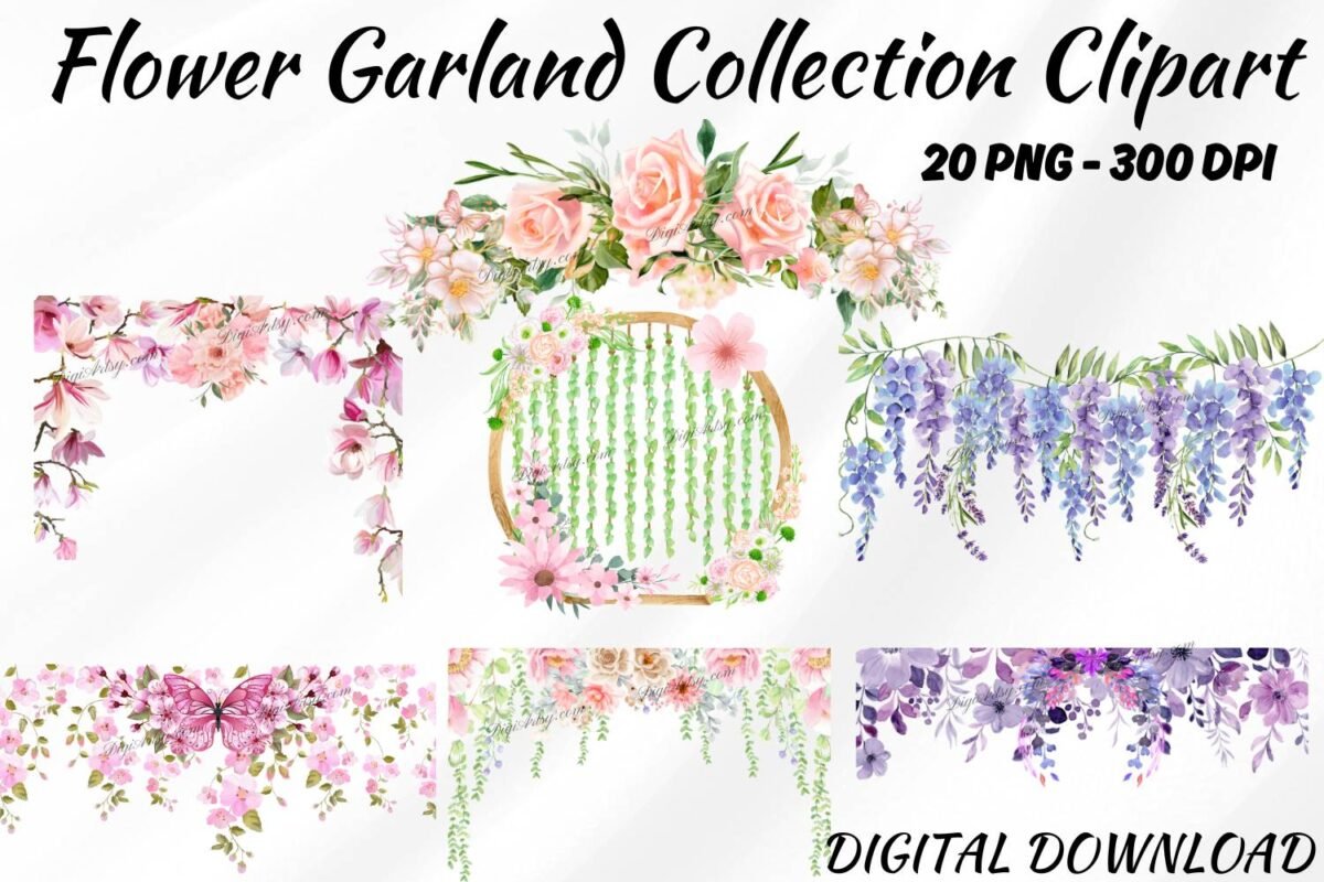Watercolor Floral Garland Clipart Bundle