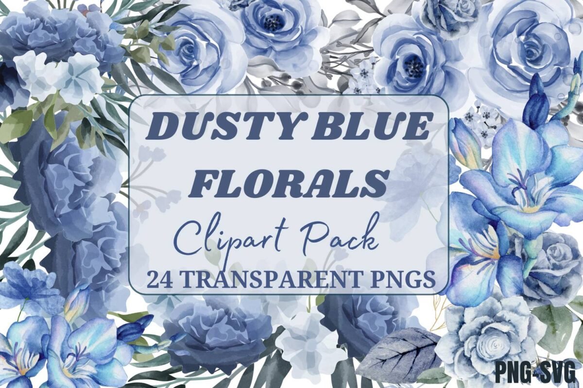 Dusty Blue Watercolor Floral Clipart