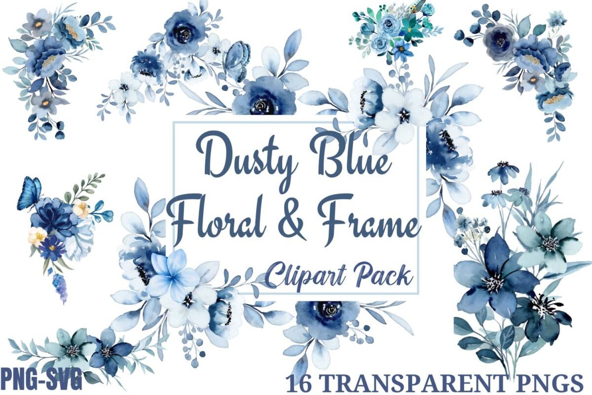 Watercolor Dusty Blue Floral ClipArt