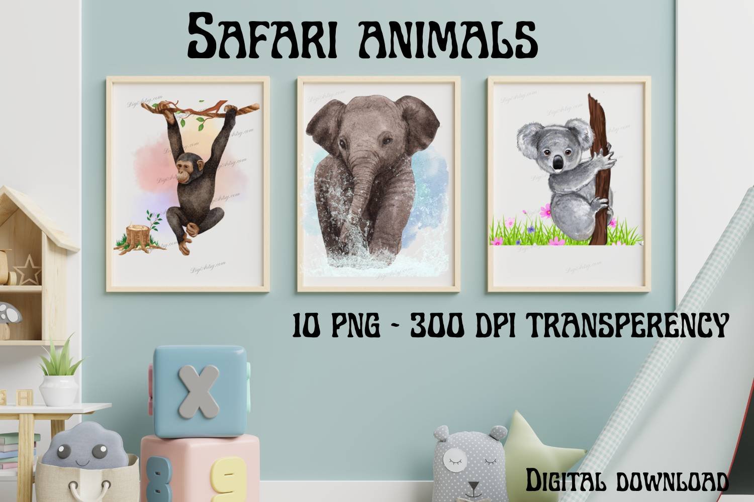Watercolor Safari Baby Animals Clipart