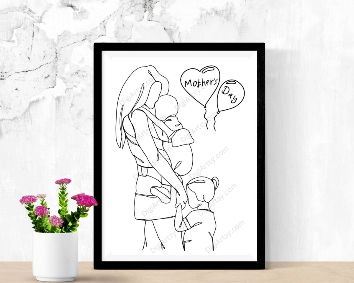 Mom Boy and Girl Line Drawing Print
