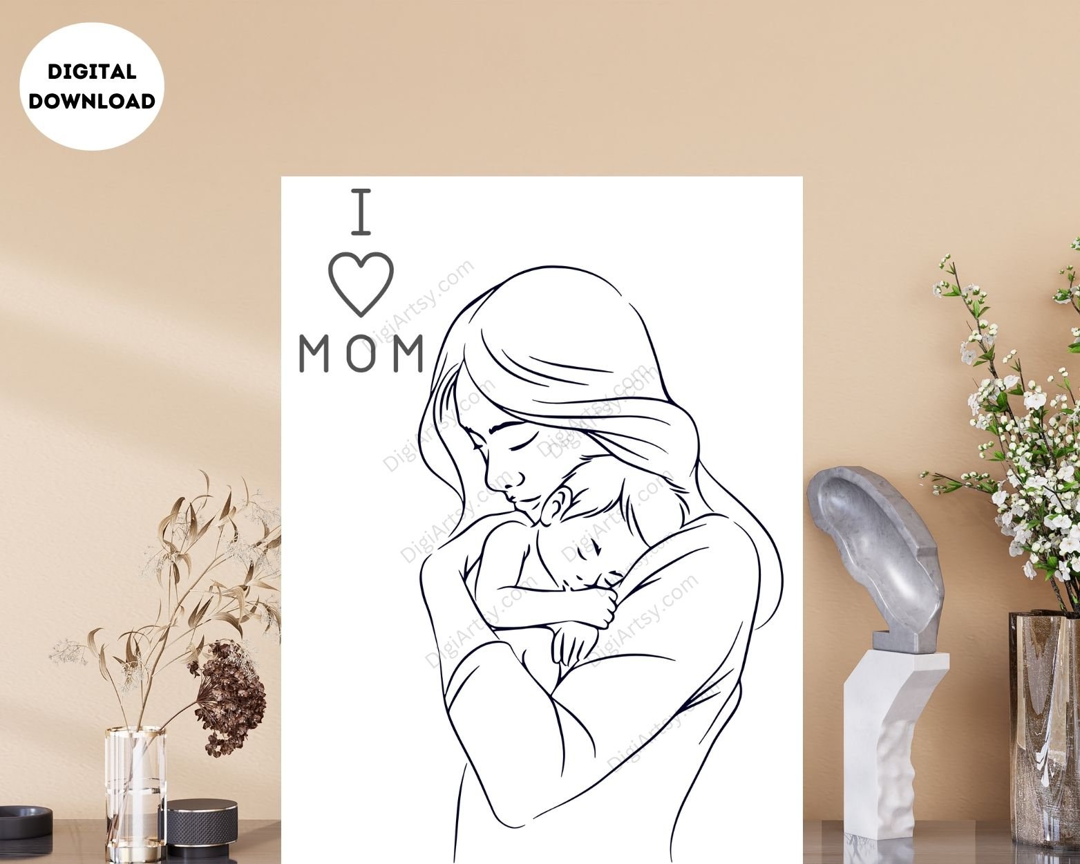 Mom Holding Baby Line Art Wall Decor