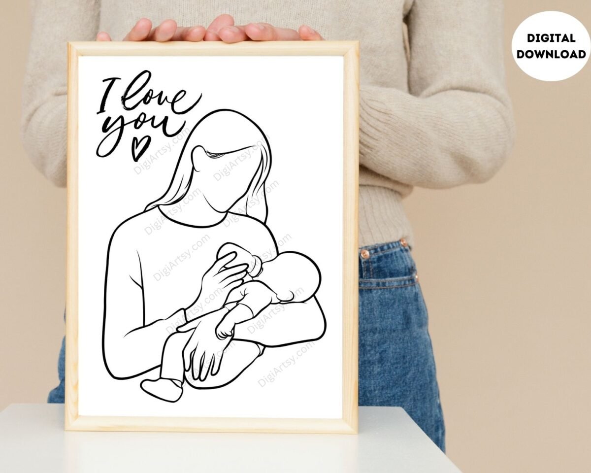 Mother Holding Baby Line Art