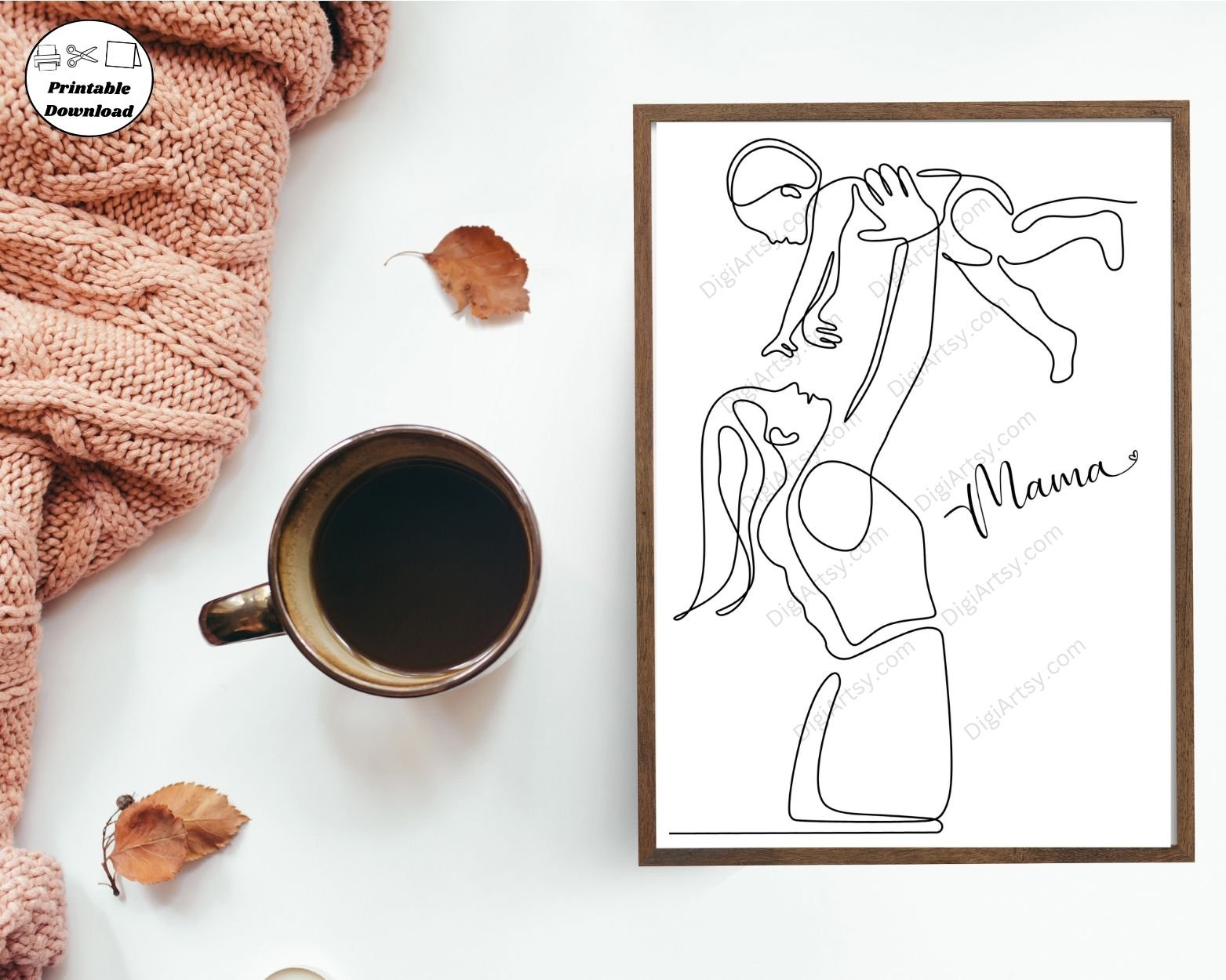 Mother and Boy Line Drawing Wall Decor