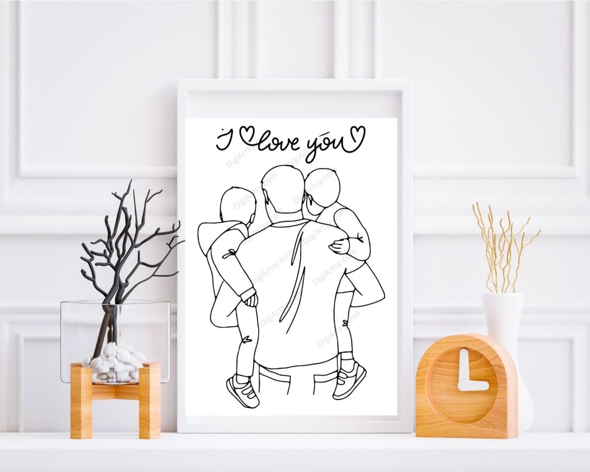 Dad Boy and Girl Line Drawing