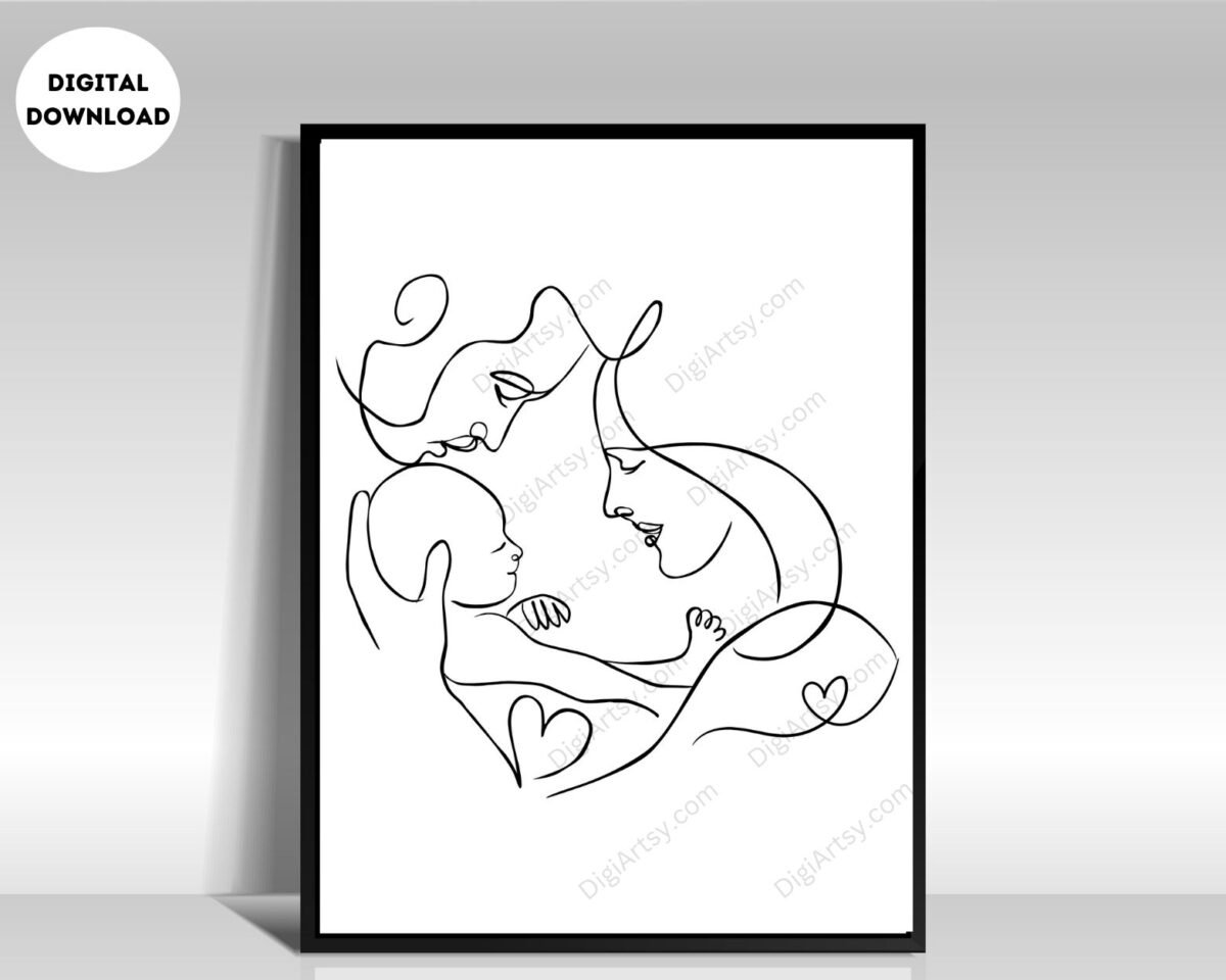 Mom and Dad with New born Line Drawing Wall Art