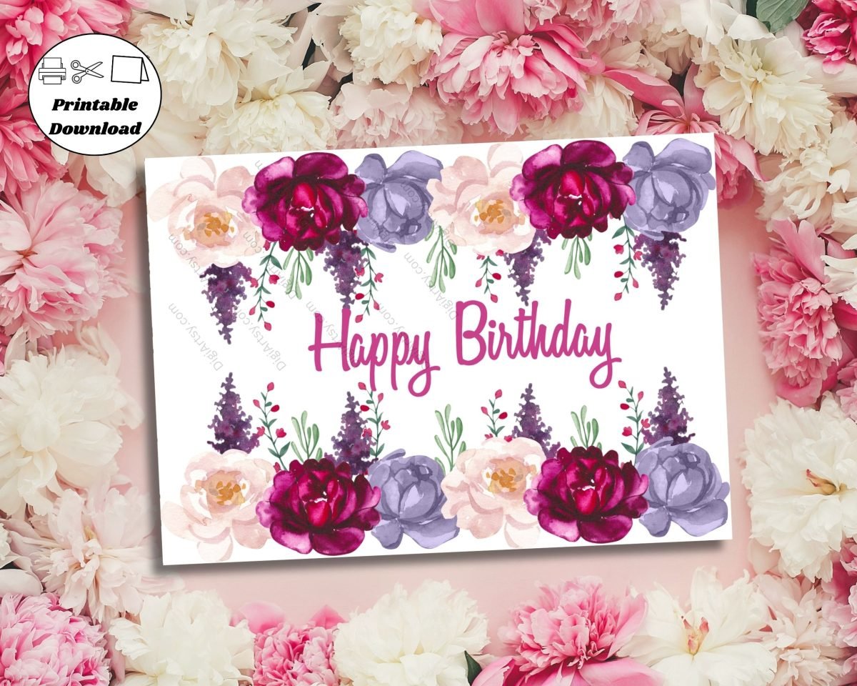 Printable Birthday Card with Watercolor Roses