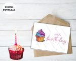 Sweet Happy Birthday Card Print with Cup Cake