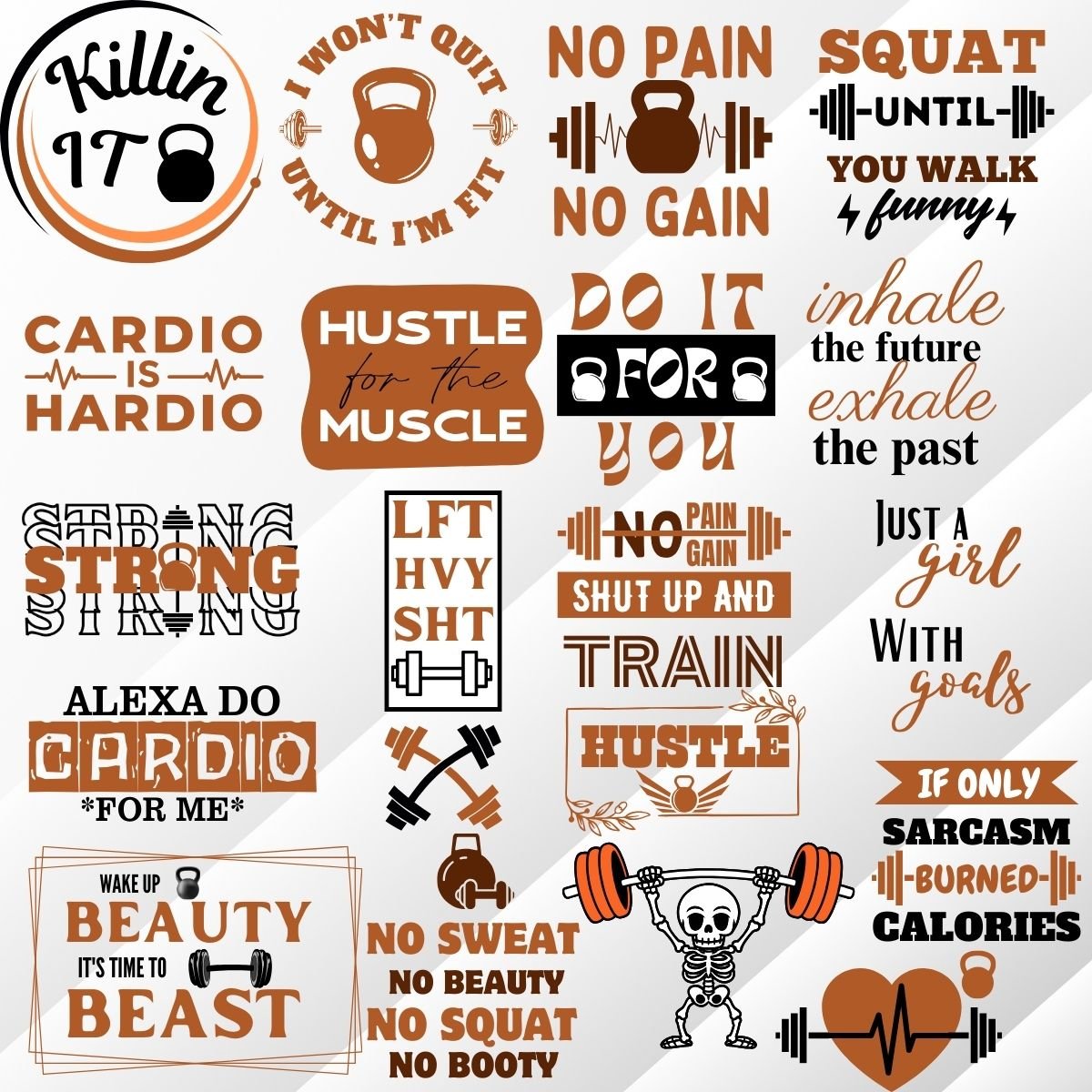 20 Workout Sayings T-Shirt Design Print Bundle
