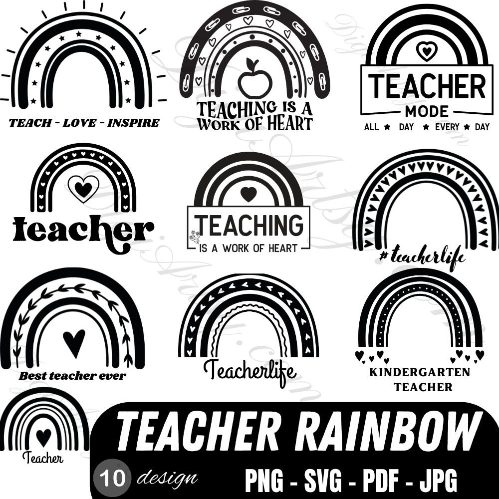 10 Boho Teacher Rainbow Svg Black and White